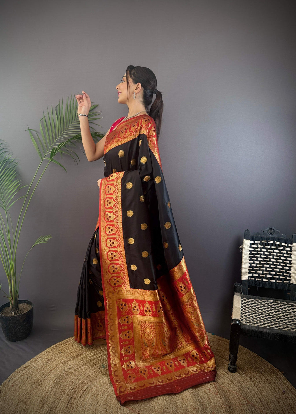 Sonakshi Women's Black Banarasi Silk Zari Woven Traditional Saree with Blouse | Grocsy