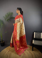 Sonakshi Women's Cream Banarasi Silk Zari Woven Traditional Saree with Blouse | Grocsy