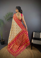 Sonakshi Women's Cream Banarasi Silk Zari Woven Traditional Saree with Blouse | Grocsy
