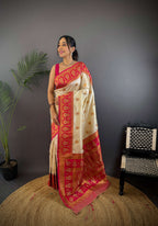 Sonakshi Women's Cream Banarasi Silk Zari Woven Traditional Saree with Blouse | Grocsy