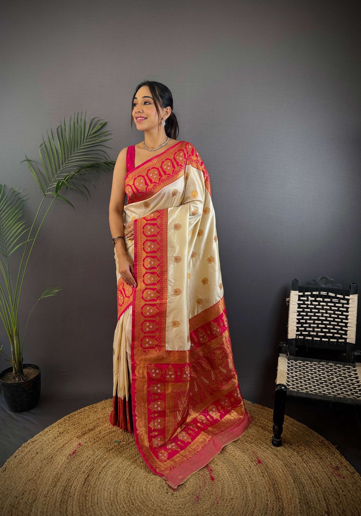 Sonakshi Women's Cream Banarasi Silk Zari Woven Traditional Saree with Blouse | Grocsy