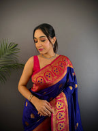 Sonakshi Women's Navy Blue Banarasi Silk Zari Woven Traditional Saree with Blouse | Grocsy