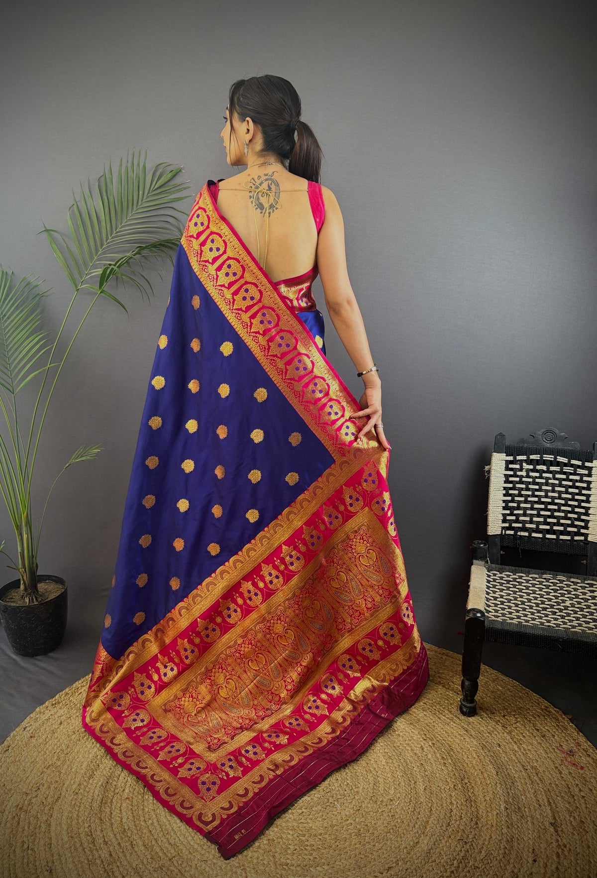 Sonakshi Women's Navy Blue Banarasi Silk Zari Woven Traditional Saree with Blouse | Grocsy