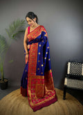 Sonakshi Women's Navy Blue Banarasi Silk Zari Woven Traditional Saree with Blouse | Grocsy