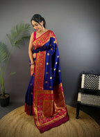 Sonakshi Women's Navy Blue Banarasi Silk Zari Woven Traditional Saree with Blouse | Grocsy