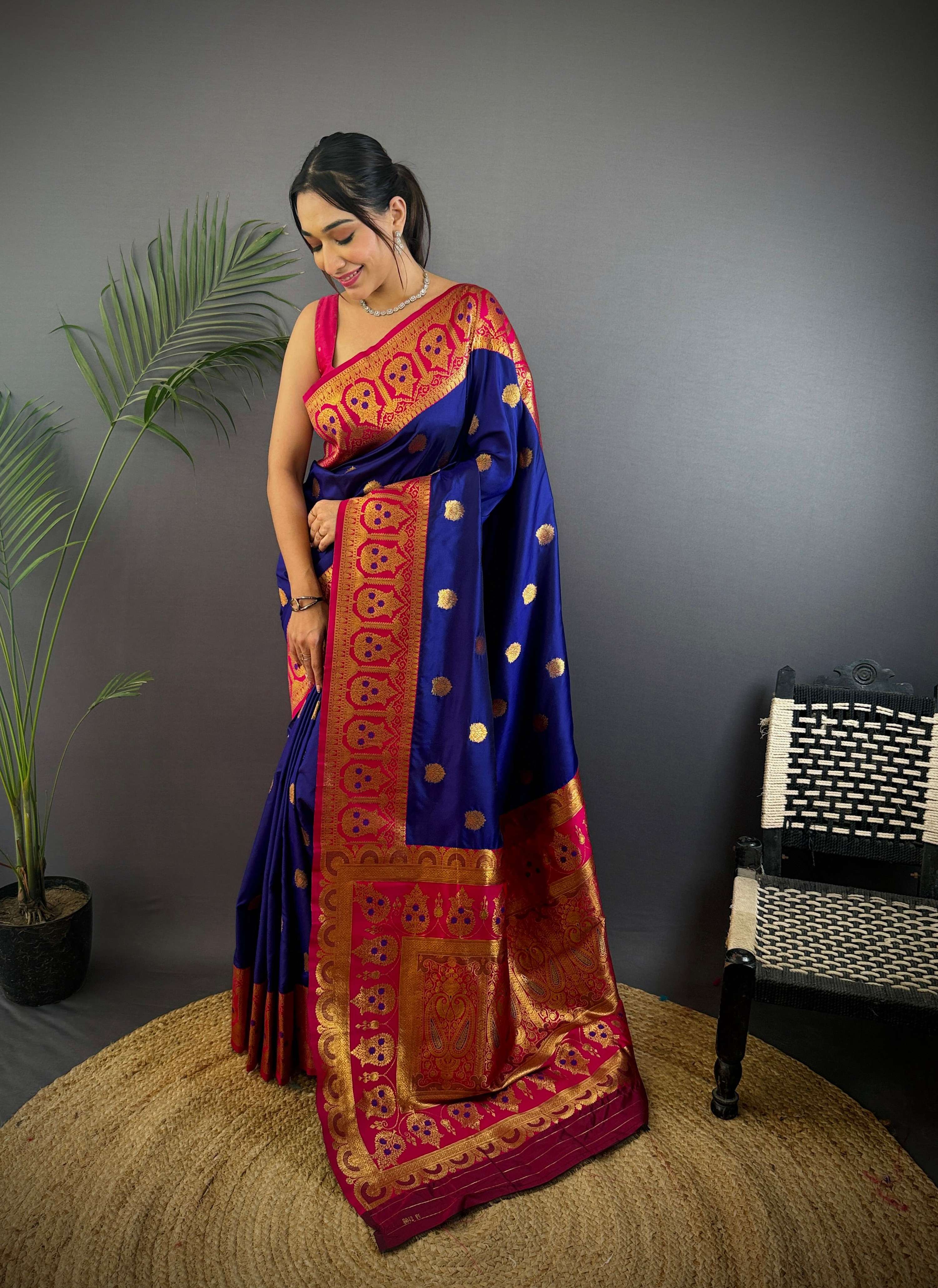 Sonakshi Women's Navy Blue Banarasi Silk Zari Woven Traditional Saree with Blouse | Grocsy