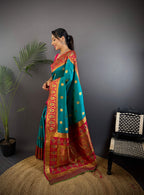 Sonakshi Women's Teal Banarasi Silk Zari Woven Traditional Saree with Blouse | Grocsy