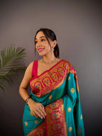 Sonakshi Women's Teal Banarasi Silk Zari Woven Traditional Saree with Blouse | Grocsy