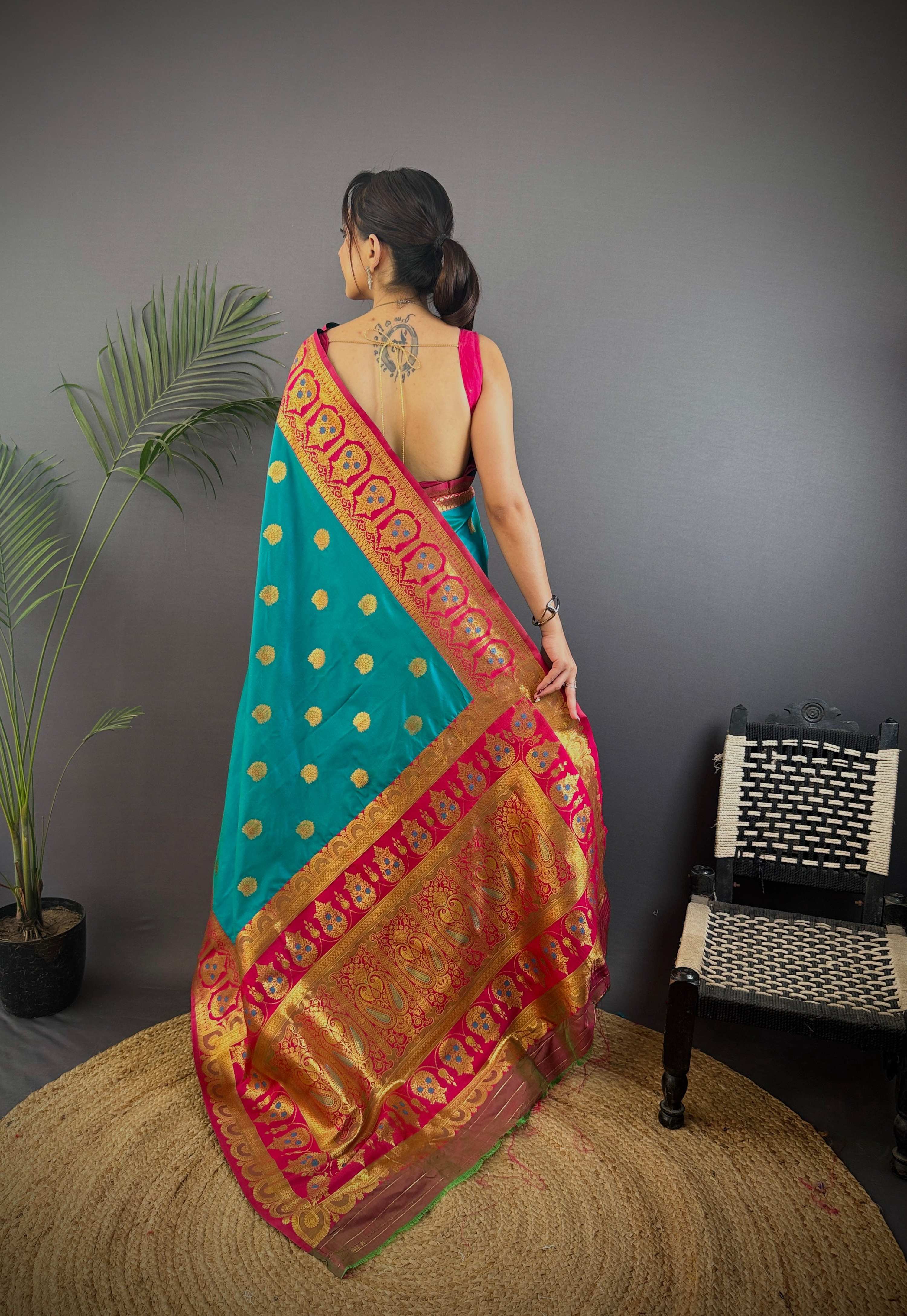 Sonakshi Women's Teal Banarasi Silk Zari Woven Traditional Saree with Blouse | Grocsy