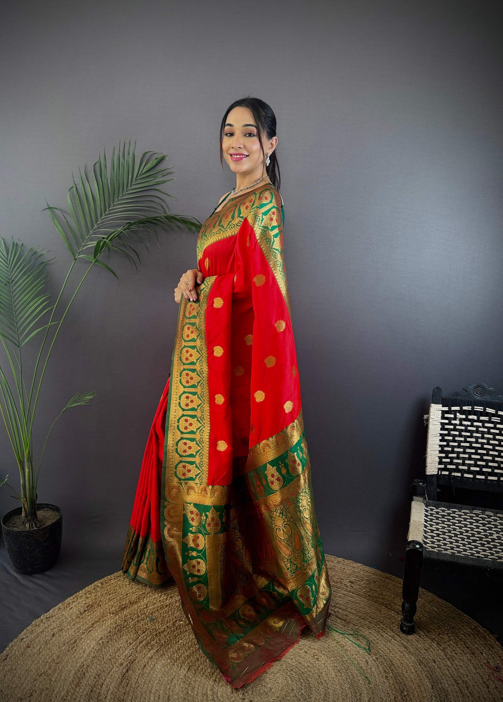 Sonakshi Women's Red Banarasi Silk Zari Woven Traditional Saree with Blouse | Grocsy