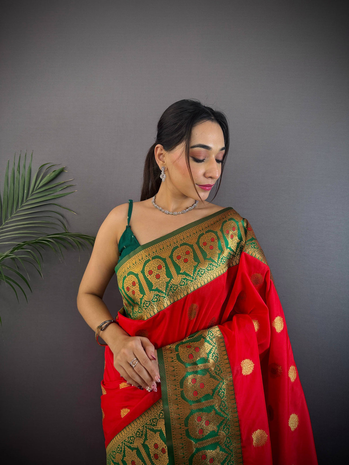 Sonakshi Women's Red Banarasi Silk Zari Woven Traditional Saree with Blouse | Grocsy