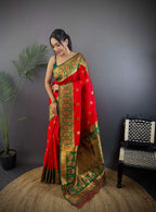 Sonakshi Women's Red Banarasi Silk Zari Woven Traditional Saree with Blouse | Grocsy