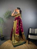 Sonakshi Women's Wine Banarasi Silk Zari Woven Traditional Saree with Blouse | Grocsy