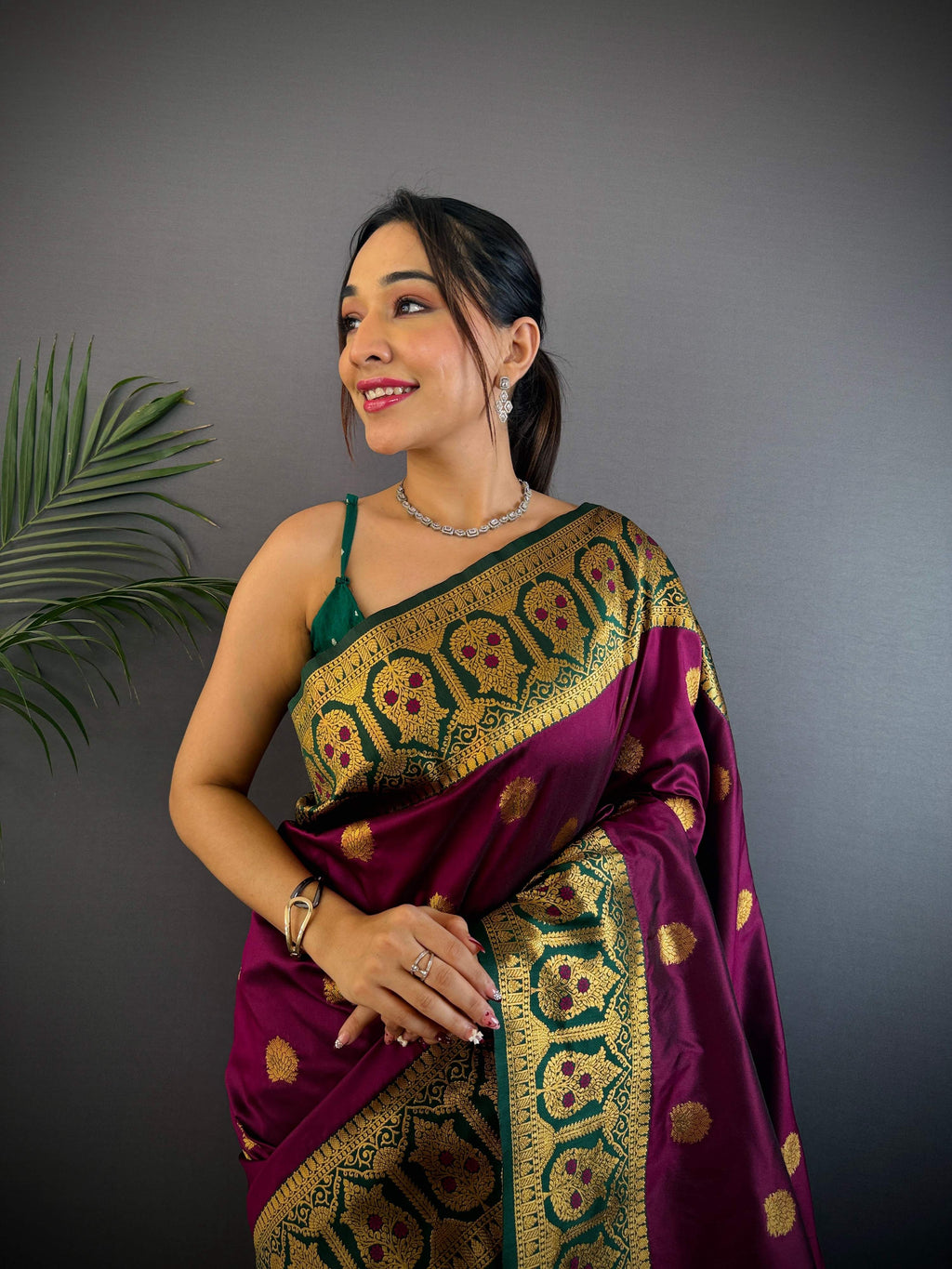 Sonakshi Women's Wine Banarasi Silk Zari Woven Traditional Saree with Blouse | Grocsy