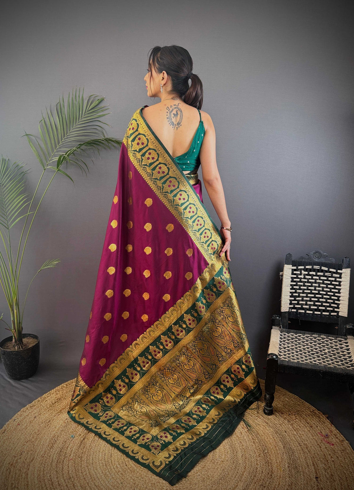 Sonakshi Women's Wine Banarasi Silk Zari Woven Traditional Saree with Blouse | Grocsy