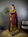 Sonakshi Women's Wine Banarasi Silk Zari Woven Traditional Saree with Blouse | Grocsy