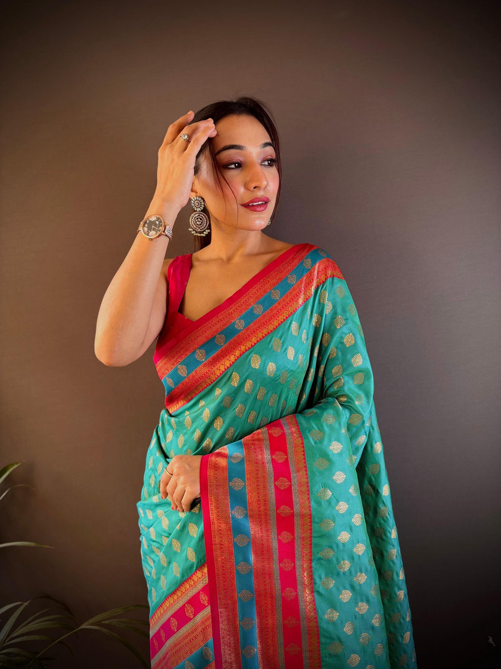Sonakshi Women's Teal Banarasi Silk Zari Woven Traditional Saree with Blouse | Grocsy