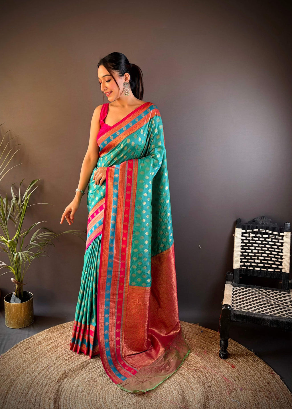 Sonakshi Women's Teal Banarasi Silk Zari Woven Traditional Saree with Blouse | Grocsy