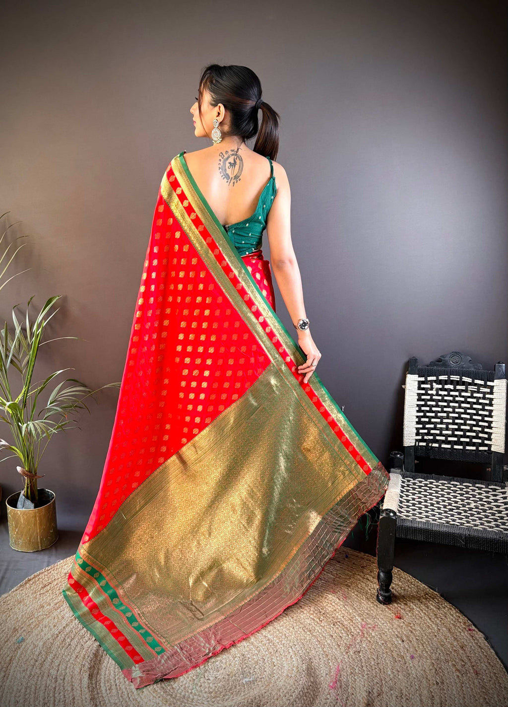 Sonakshi Women's Red Banarasi Silk Zari Woven Traditional Saree with Blouse | Grocsy