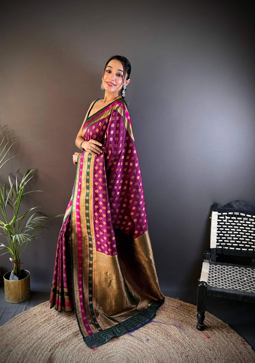 Sonakshi Women's Wine Banarasi Silk Zari Woven Traditional Saree with Blouse | Grocsy
