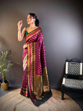 Sonakshi Women's Wine Banarasi Silk Zari Woven Traditional Saree with Blouse | Grocsy