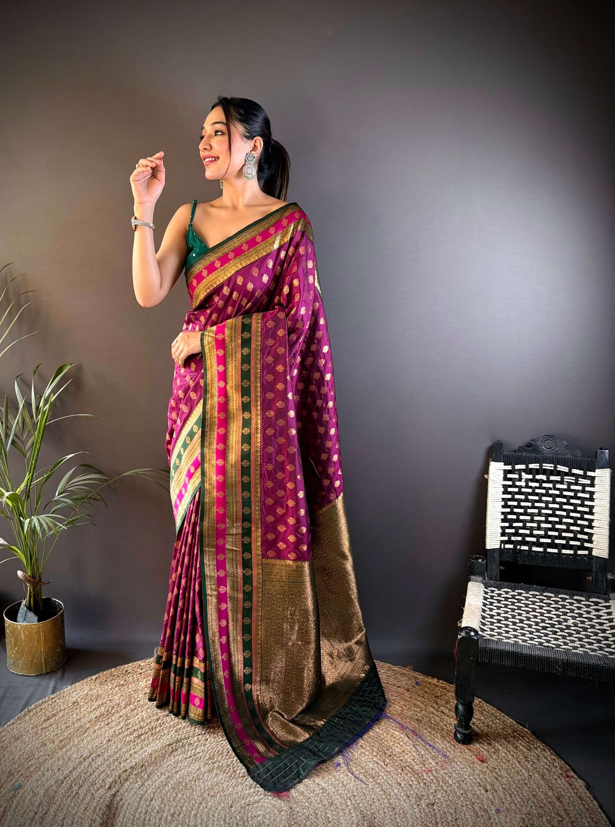Sonakshi Women's Wine Banarasi Silk Zari Woven Traditional Saree with Blouse | Grocsy