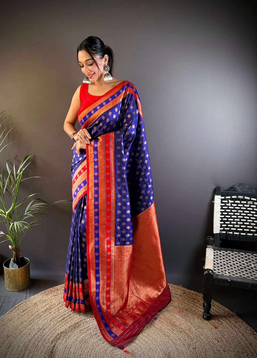 Sonakshi Women's Royal Blue Banarasi Silk Zari Woven Traditional Saree with Blouse | Grocsy