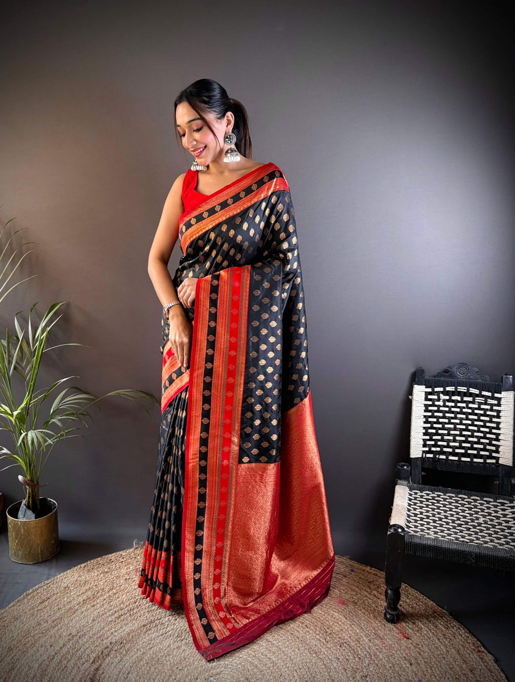 Sonakshi Women's Black Banarasi Silk Zari Woven Traditional Saree with Blouse | Grocsy