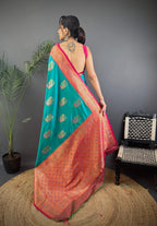 Sonakshi Women's Teal Banarasi Silk Zari Woven Traditional Saree with Blouse | Grocsy