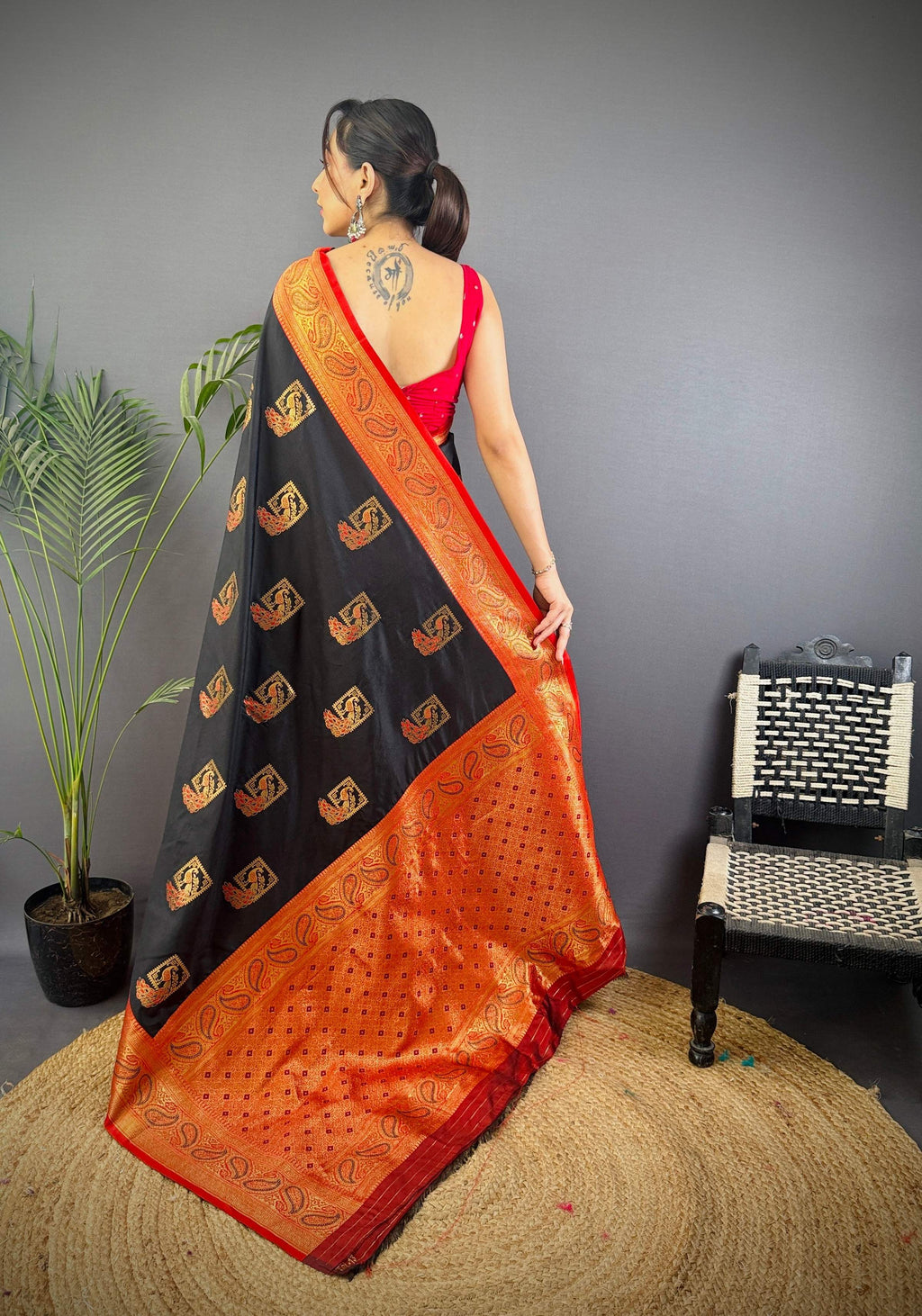 Sonakshi Women's Black Banarasi Silk Zari Woven Traditional Saree with Blouse | Grocsy