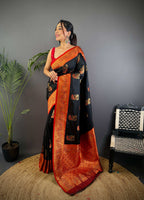 Sonakshi Women's Black Banarasi Silk Zari Woven Traditional Saree with Blouse | Grocsy