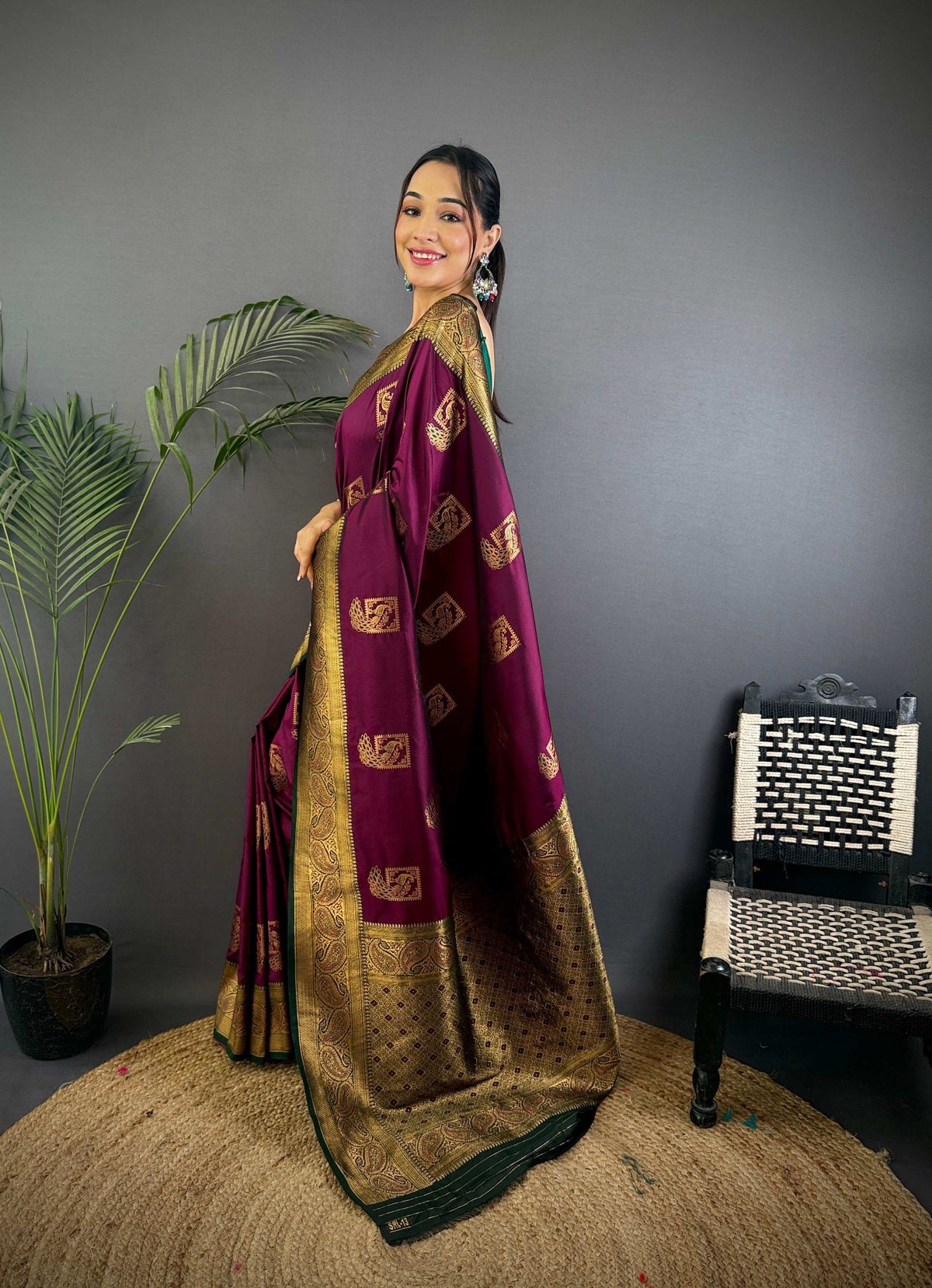 Sonakshi Women's Wine Banarasi Silk Zari Woven Traditional Saree with Blouse | Grocsy