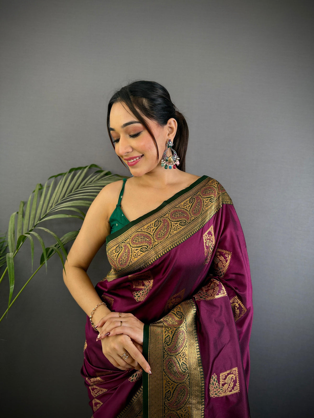 Sonakshi Women's Wine Banarasi Silk Zari Woven Traditional Saree with Blouse | Grocsy