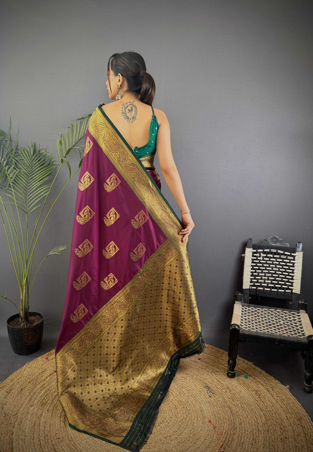Sonakshi Women's Wine Banarasi Silk Zari Woven Traditional Saree with Blouse | Grocsy