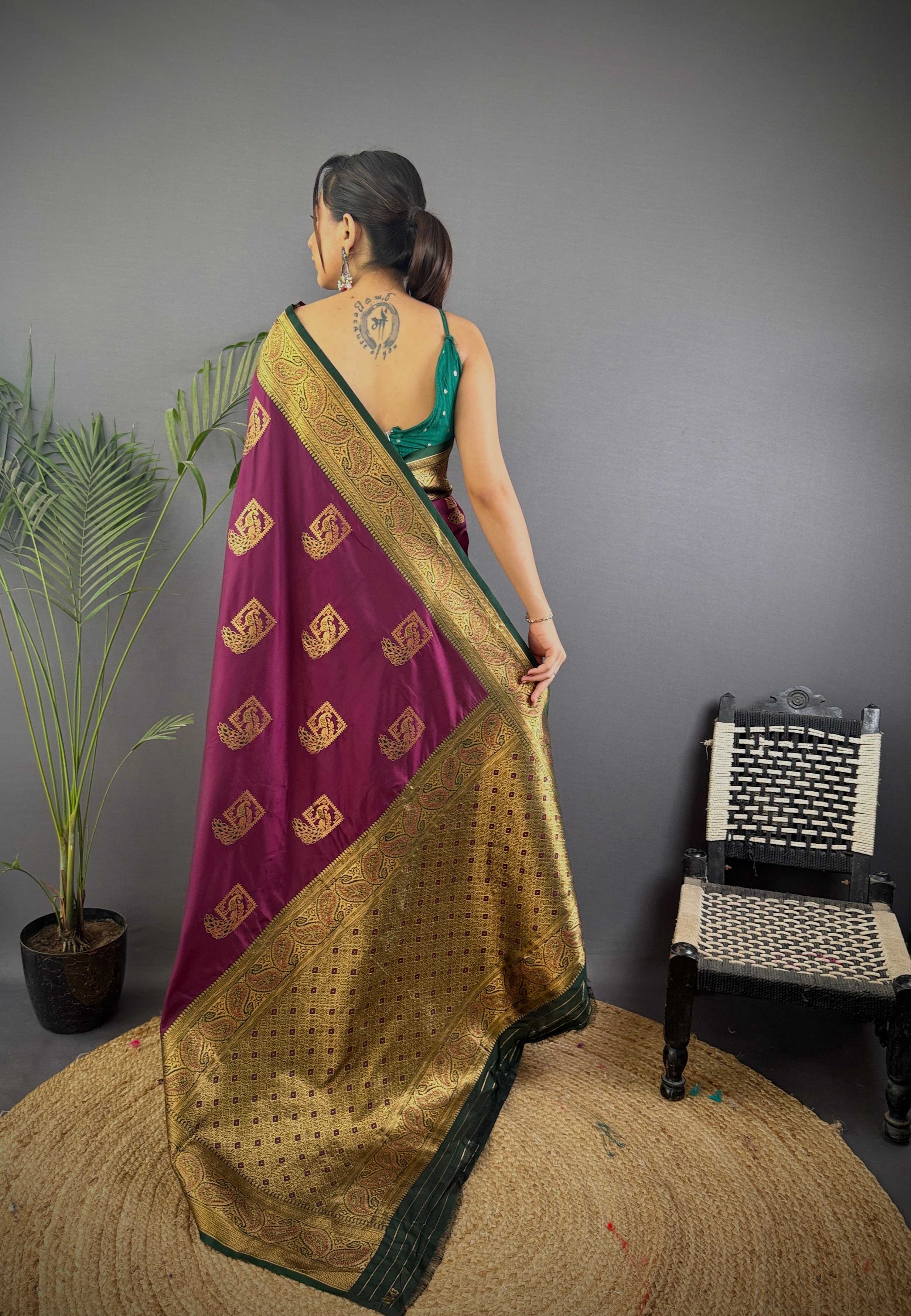 Sonakshi Women's Wine Banarasi Silk Zari Woven Traditional Saree with Blouse | Grocsy