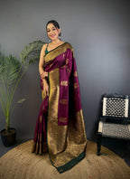 Sonakshi Women's Wine Banarasi Silk Zari Woven Traditional Saree with Blouse | Grocsy
