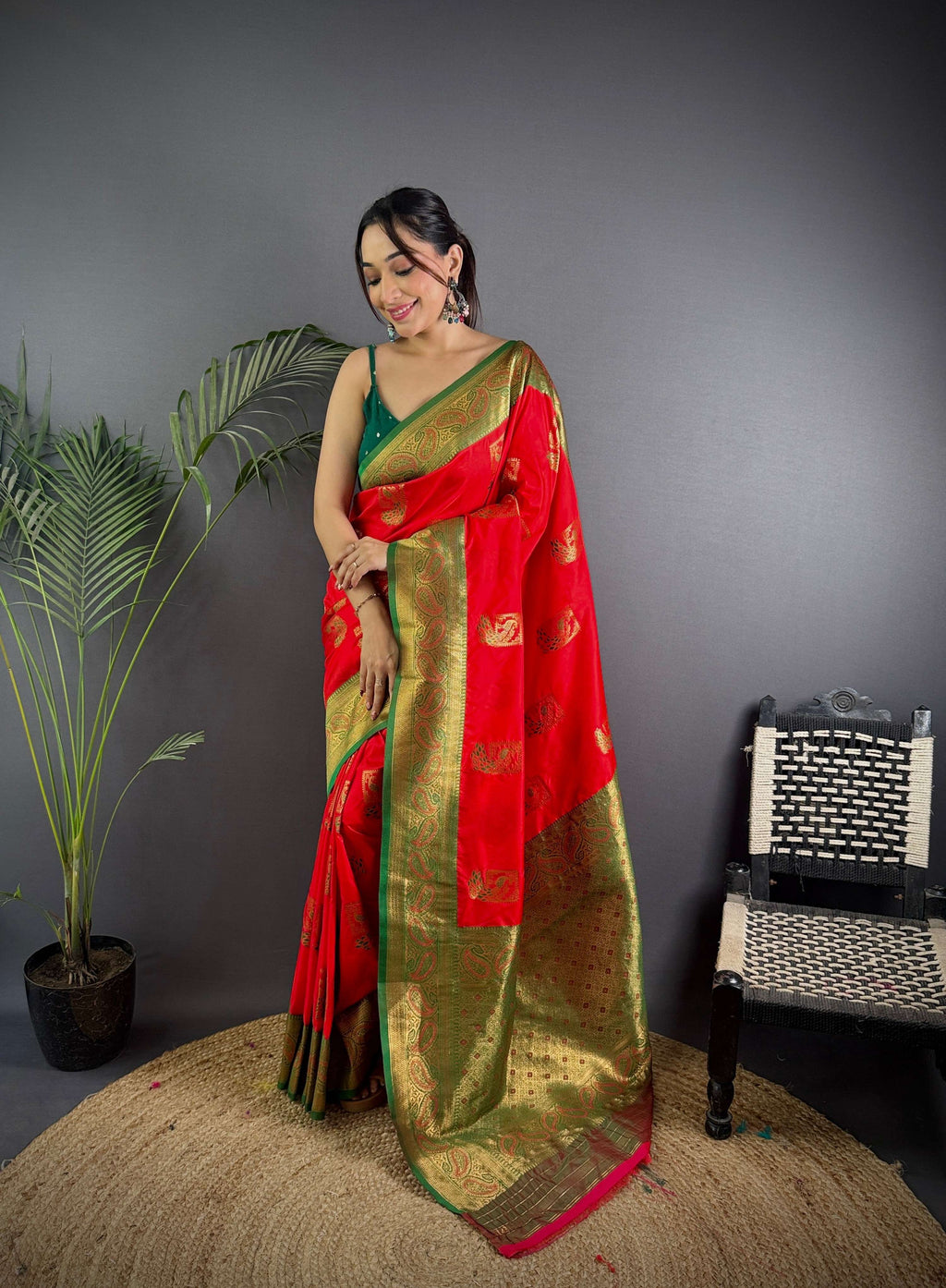 Sonakshi Women's Red Banarasi Silk Zari Woven Traditional Saree with Blouse | Grocsy