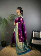 Sonakshi Women's Purple Banarasi Silk Zari Woven Traditional Saree with Blouse | Grocsy