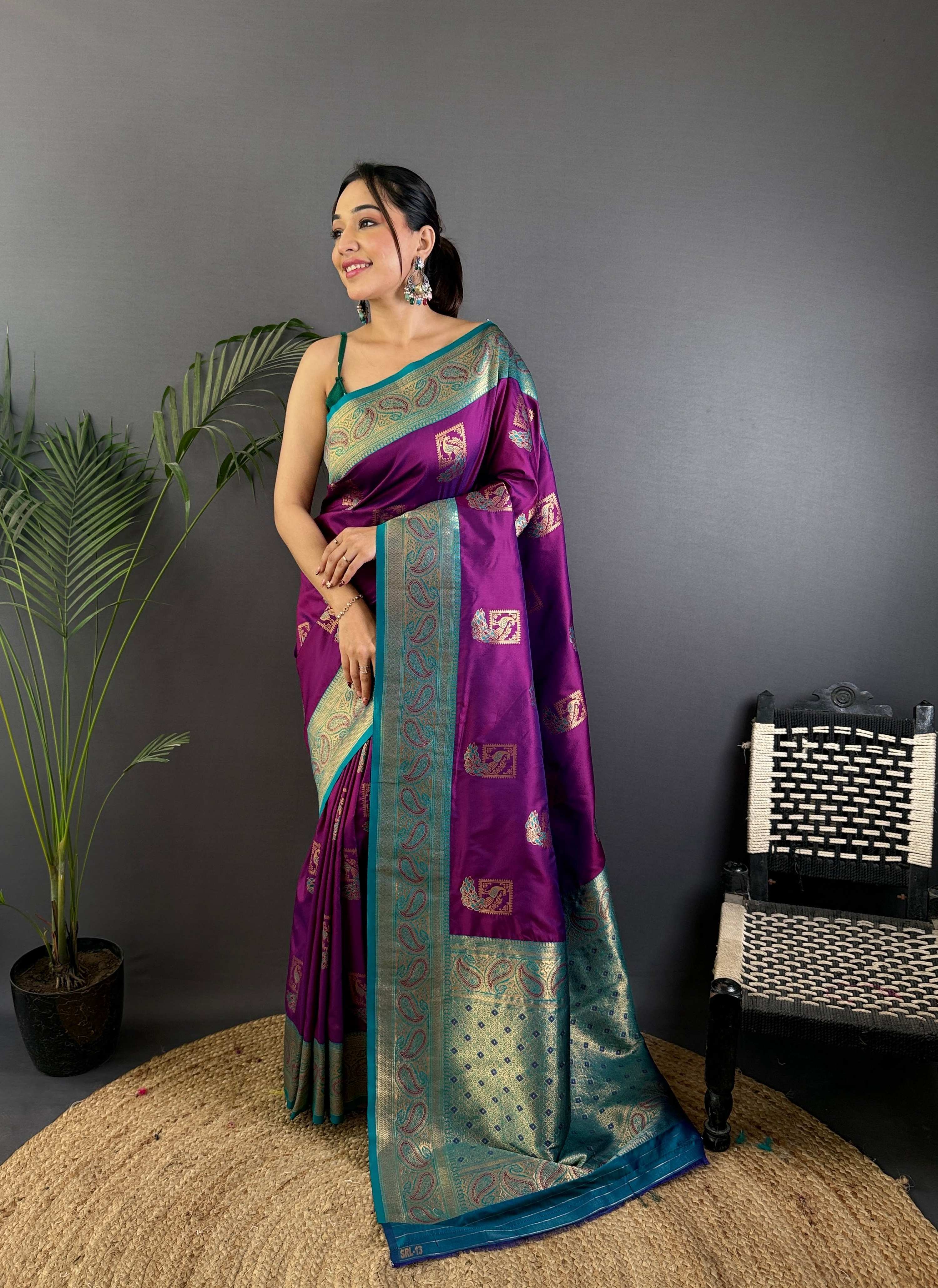Sonakshi Women's Purple Banarasi Silk Zari Woven Traditional Saree with Blouse | Grocsy