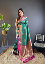 Sonakshi Women's Teal Banarasi Silk Zari Woven Traditional Saree with Blouse | Grocsy