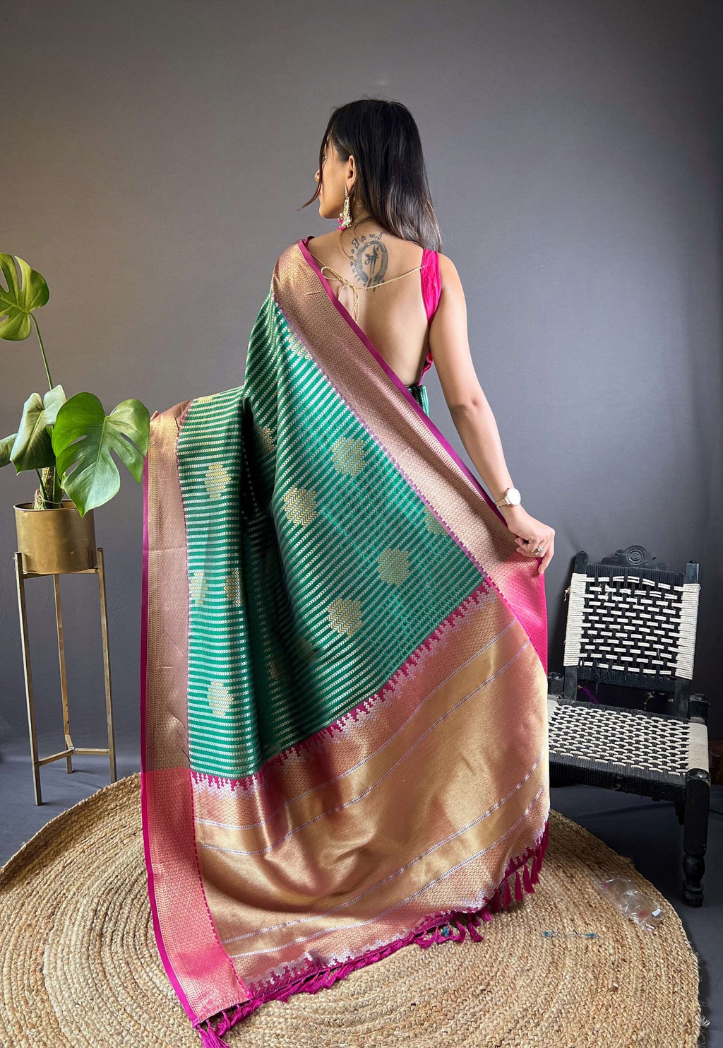 Sonakshi Women's Teal Banarasi Silk Zari Woven Traditional Saree with Blouse | Grocsy