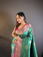 Sonakshi Women's Teal Banarasi Silk Zari Woven Traditional Saree with Blouse | Grocsy
