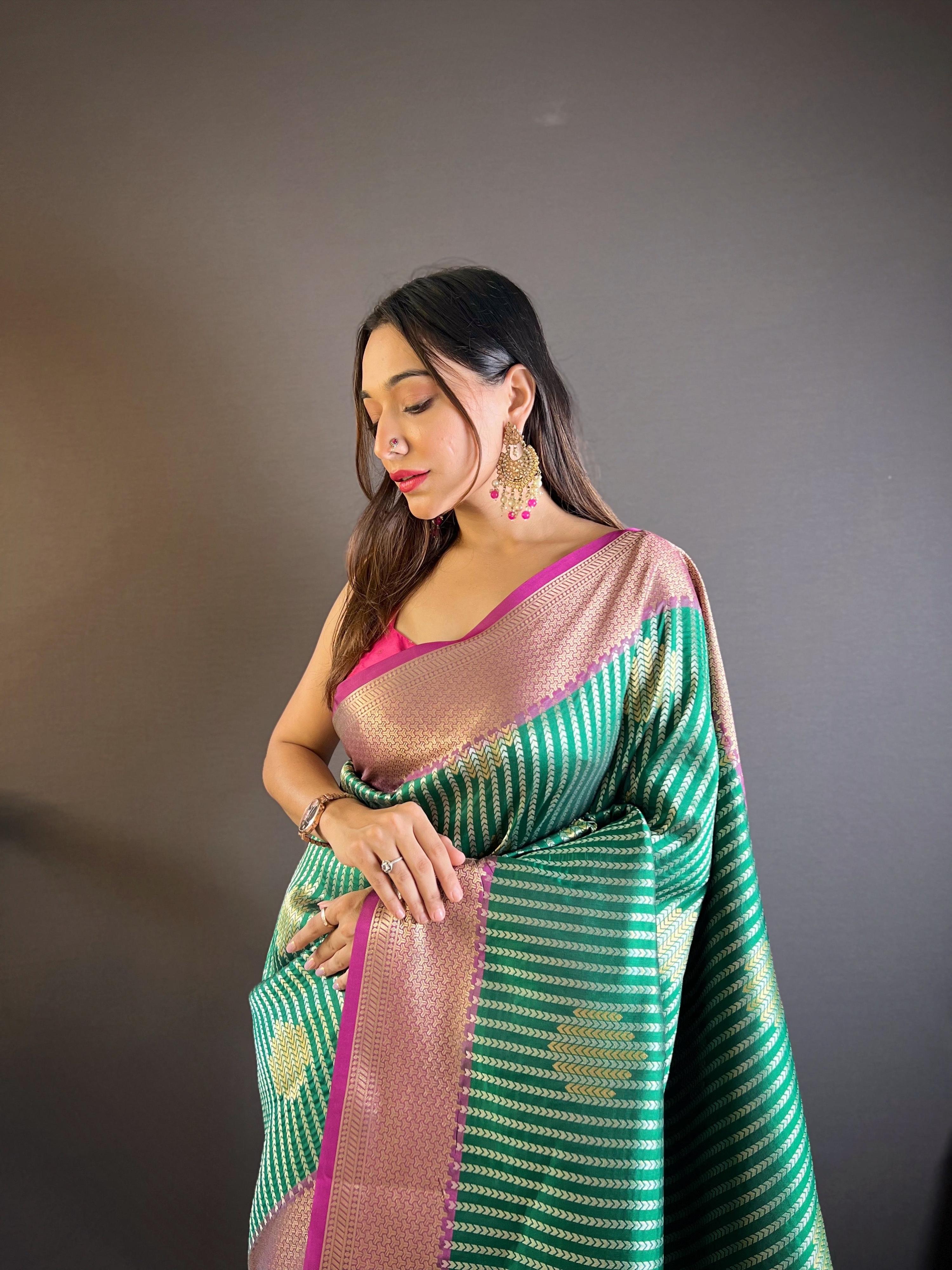 Sonakshi Women's Teal Banarasi Silk Zari Woven Traditional Saree with Blouse | Grocsy