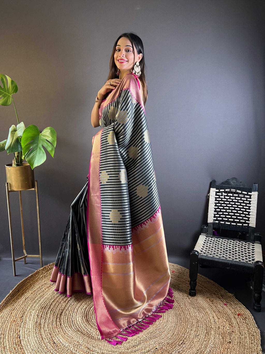 Sonakshi Women's Black Banarasi Silk Zari Woven Traditional Saree with Blouse | Grocsy
