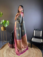 Sonakshi Women's Black Banarasi Silk Zari Woven Traditional Saree with Blouse | Grocsy