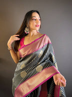 Sonakshi Women's Black Banarasi Silk Zari Woven Traditional Saree with Blouse | Grocsy