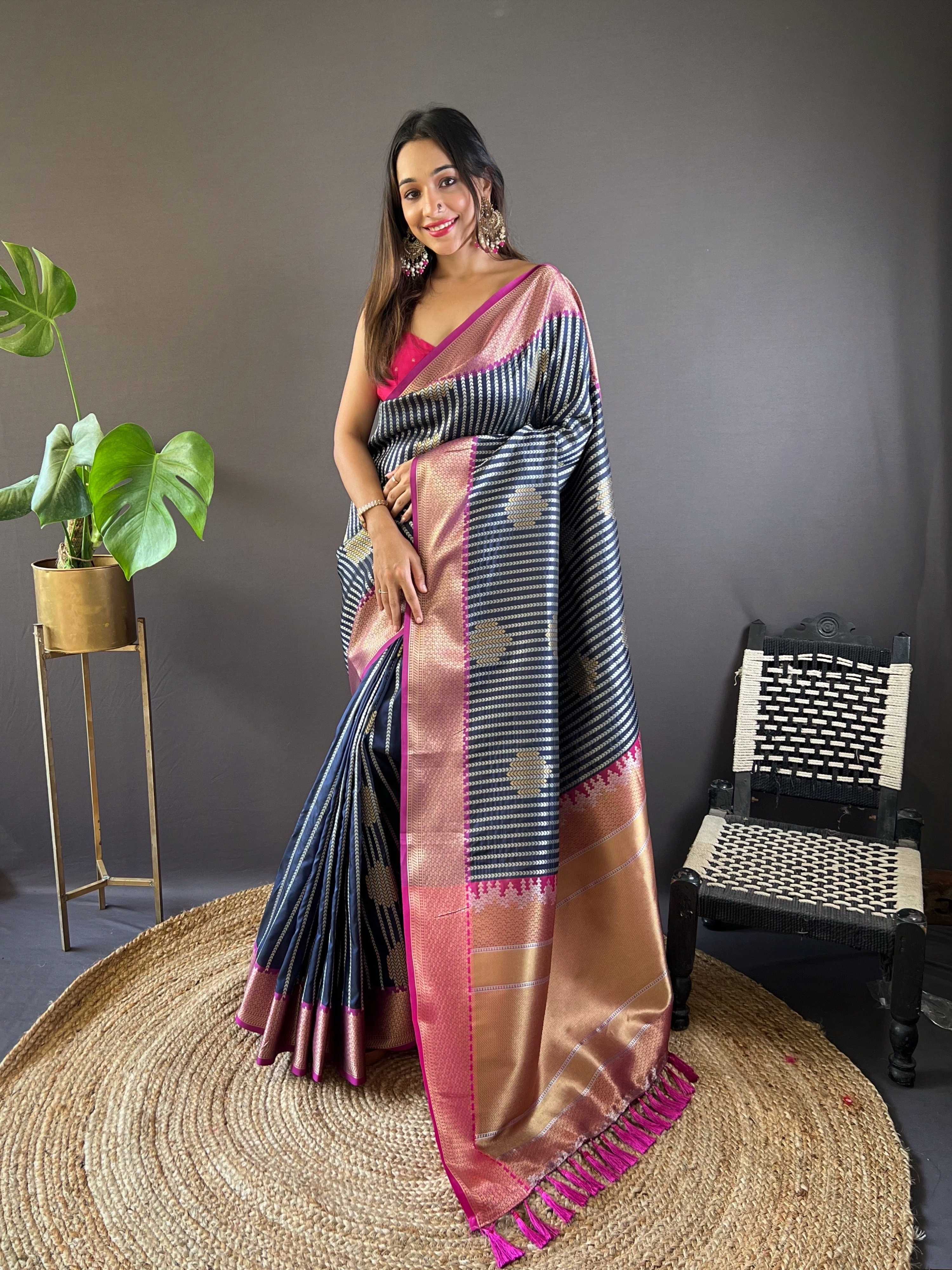 Sonakshi Women's Black Banarasi Silk Zari Woven Traditional Saree with Blouse | Grocsy