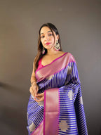 Sonakshi Women's Blue Banarasi Silk Zari Woven Traditional Saree with Blouse | Grocsy
