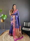Sonakshi Women's Blue Banarasi Silk Zari Woven Traditional Saree with Blouse | Grocsy