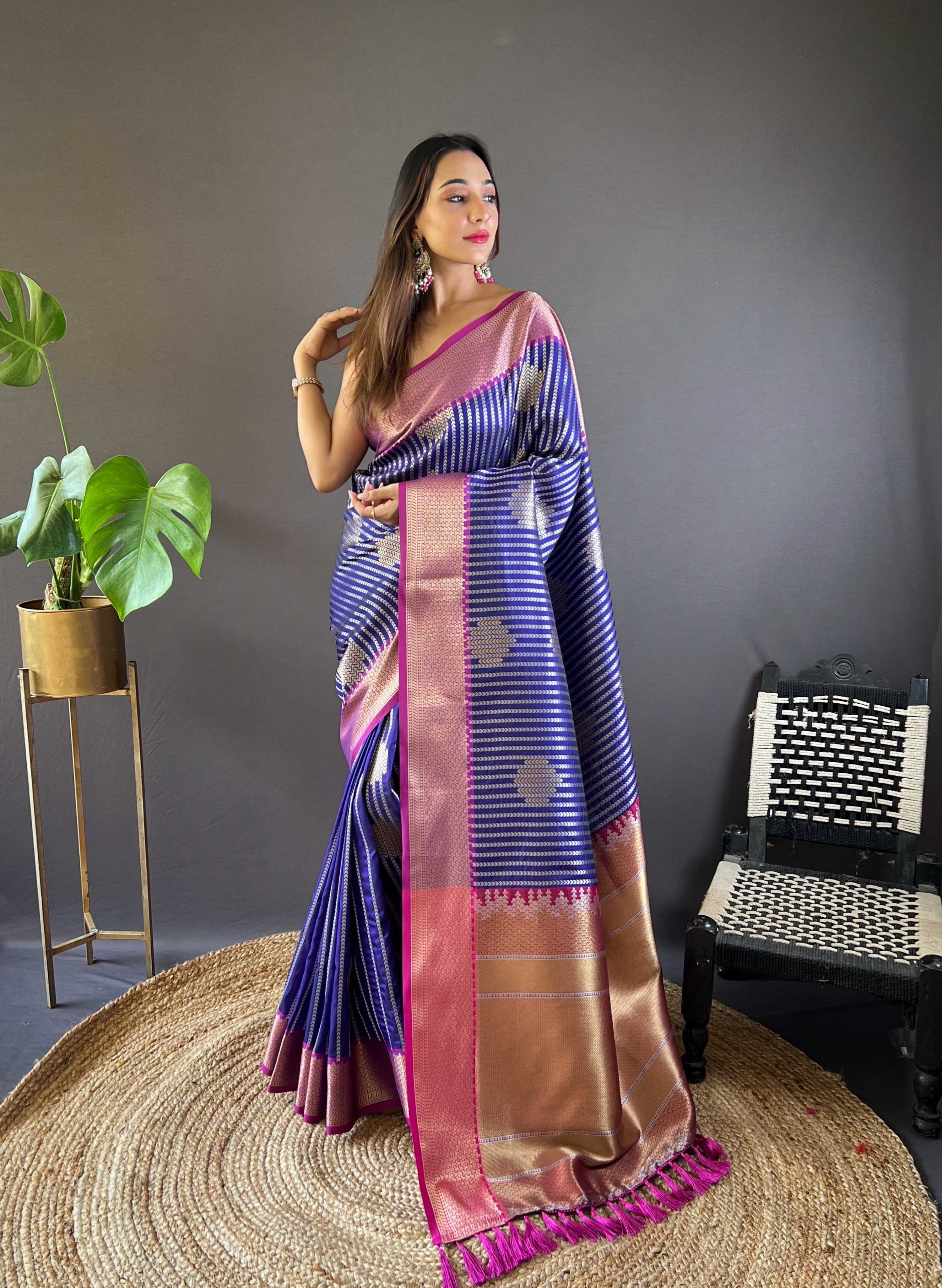 Sonakshi Women's Blue Banarasi Silk Zari Woven Traditional Saree with Blouse | Grocsy